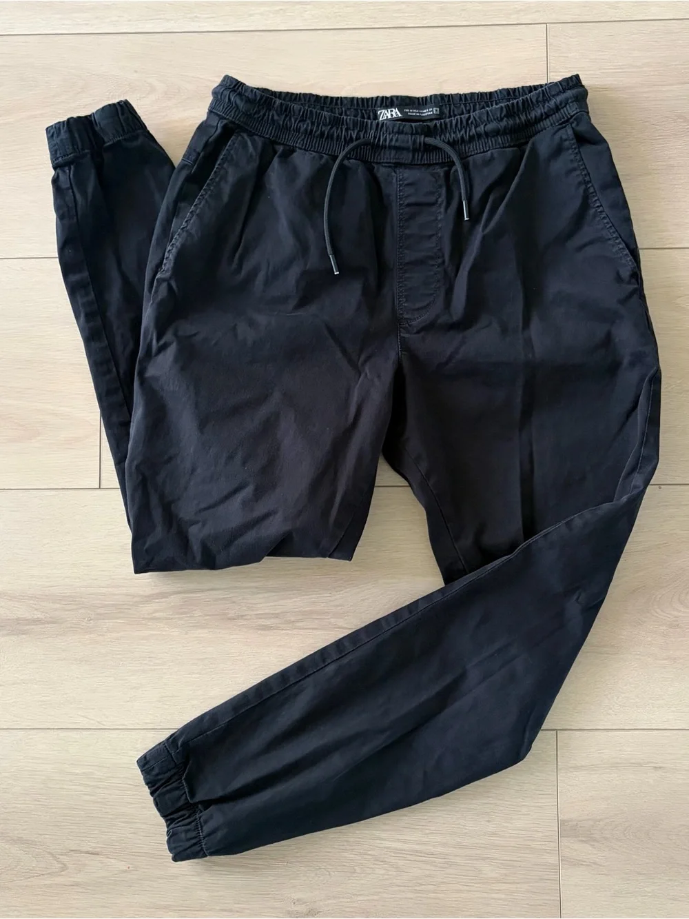 Zara Man Stretch Cotton Pants Black Elastic Waist Drawstring Joggers Medium